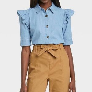 Ruffle Sleeve Denim Top